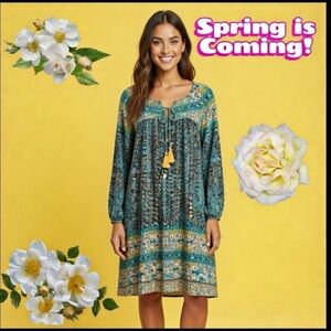 Boho Floral Print Bell Sleeve Dress Teal Blue Black Paisley Tassel Tie Midi